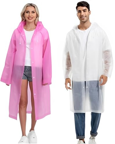 JITIFAZH 2 Pack Reusable Raincoat Rain Poncho with Hoods and Sleeves, Rain Jacket for men and women, Waterproof for Emergency, Hiking, Camping, Disney, Family festival, Outdoor(White+Pink)