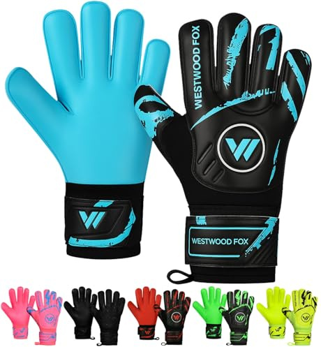 WESTWOOD FOX Torwarthandschuhe Fingersave Fußball Torwarthandschuhe für Kinder Jugend Erwach Handfläche zu DumboLatex 4+3 mm Handgelenk (SCHWARZ-Cyan, Größe 7, geeignet von 10 bis 13 Jahre)