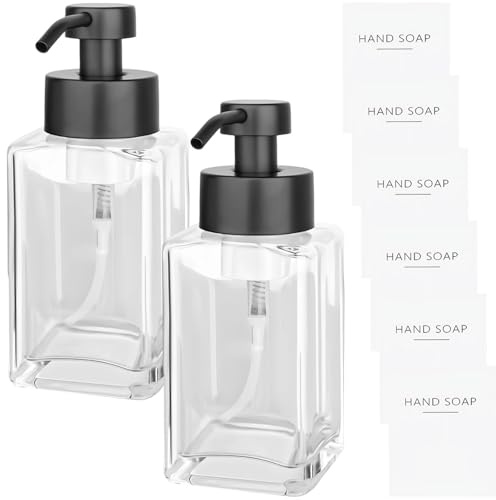 Set di 2 dispenser per sapone in schiuma di vetro da 340 ml, con pompa, ricaricabile, per bagno e cucina, include 6 etichette