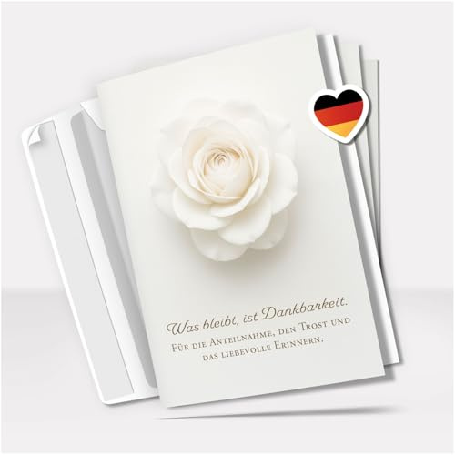 Danksagung Trauer mit Text | 10 Danke Klappkarten mit Umschlag | Weisse Rose auf weiss Edel | Dankeskarten | Trauerkarten Danksagungskarten A6 Faltkarte | Blumen Doppelkarte