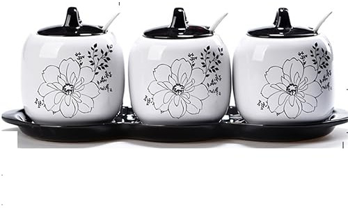 Kryddburk kryddbehållare, set keramisk med lock kryddkruka salt socker kryddburk sked(Black)