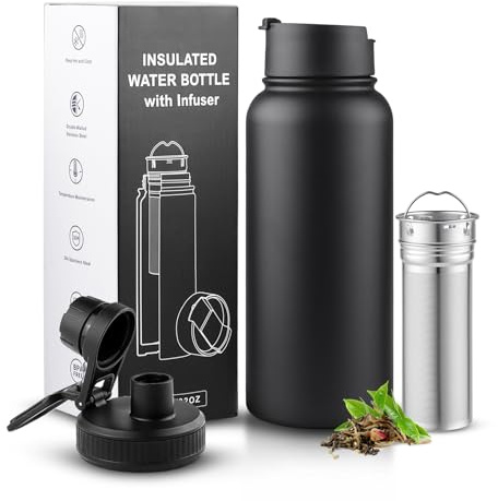 Sivaphe Sport Flask Edelstahl-Wasserflasche mit Teeinfusor 1 Liter, doppeltwandige, undichtungslose Teeflasche mit zwei Verschlüssen für Reisen, Camping und Büro