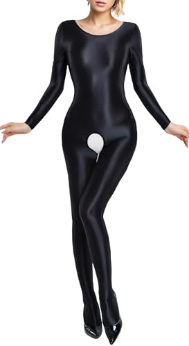 FEOYA Bodystocking brillant ouvert pour femme Taille S L | Combinaison une pièce pour femme, body de sport, yoga, effet mouillé, combinaison à manches longues