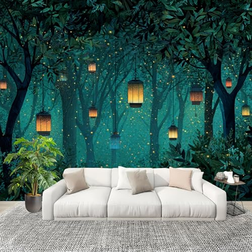 Fotomurales Bosque LuciéRnagas Linternas Papel Pintado Tejido No Tejido Moderna Diseno Fotográfico Decoración De Pared Sala Cuarto Oficina Salón Verde Papel Pintado 200x140 cm