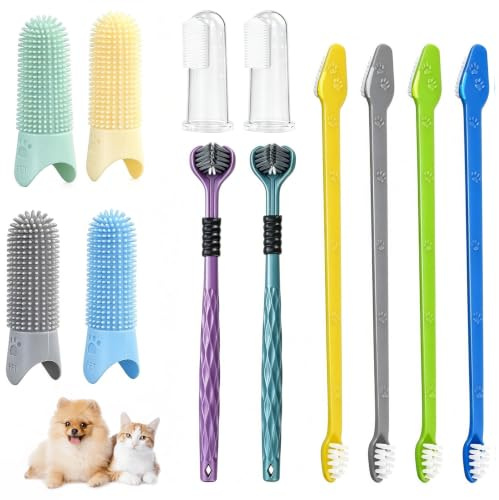 Cepillo de dientes para perros, kit de limpieza dental para mascotas, 360 °, cepillo de dientes para perros, refresca el aliento para la limpieza y el cuidado de los dientes del animal doméstico