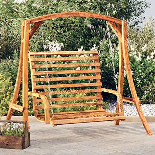 QUAHEAS Gungbänk, bogträ, massiv med teakfinish, 126 x 63 x 92 cm, trädgårdsgunga, hängande gunga, utomhus, verandagunga terrassgunga med kedjor och robust träram för avslappnade stunder