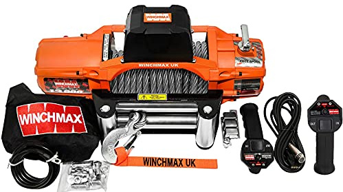 Winchmax 13500lb / 6123kg 'SL-Serie' Original orange 12v elektrische Winde. 24 m x 9,5 mm verzinktes Stahldrahtseil. 3/8 Zoll Gabelkopfhaken, Rollenführung. Drahtlose Doppelfernbedienung