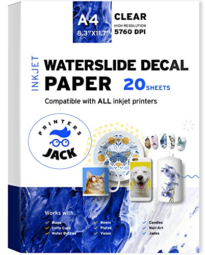 Water Slide Decal Paper Inkjet 20 Sheets A4 Size Premium Water-Slide Transfer Paper Clear Transparent Printable Water Slide Decals for Tumblers, Mugs, Glasses DIY Christmas Gift