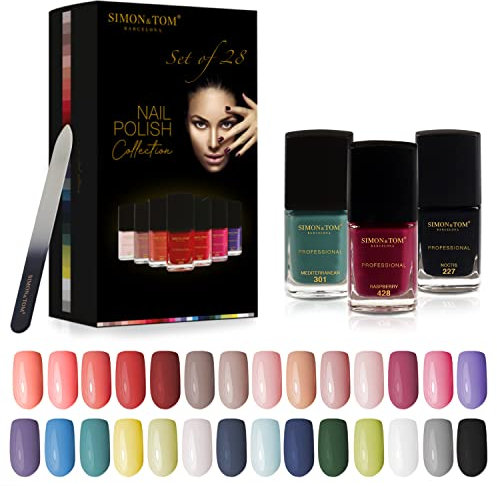 Simon&Tom Nail Polish Kit, 28 Nail Polish Gift Set Collection, Manicure and Pedicure for Professional, Salon and Home Use, Up to 2 Weeks, Easy to Apply, Durable and Safe