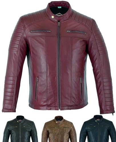 Texpeed Giacca di pelle casual da uomo - Estate/invernale Soft Touch autentica vintage pelle di montone Biker in vera pelle stile motociclista - Rosso - L