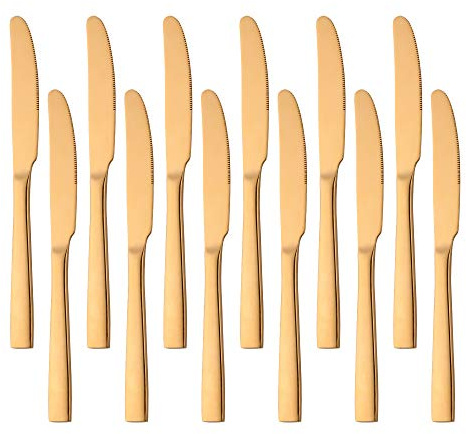 SUNSENGEUR Dessertmesser, Edelstahl, 18/0 Edelstahl, 12 Stück, Dessertmesser-Set mit quadratischem Rand, modernes Besteck, Gabeln, Mehrzwecknutzung für Küche, Restaurant – Gold