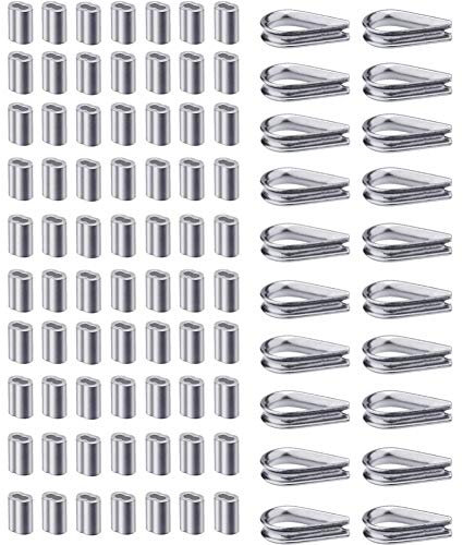 Suithink 70PCS Wire Rope Thimble Sets, 50PCS M2 8-letter Aluminum Sleeve and 20PCS 2mm Inner Diameter Rings for Wire Rope Rigging