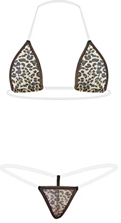 Oneheekini Women Sexy Leopard Mini Micro Bikini g String Sheer Bathing Suit Set (Coffee)