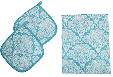 Russo Tessuti Set Cucina 2 Presine Strofinaccio Tovaglietta SVEVA Medaglione Mandala-Turchese