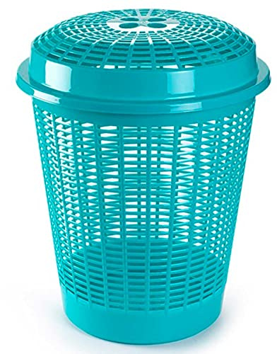 Acan Tradineur - Cesto para Ropa Sucia con Tapa, pongotodo Redondo, Cubo para almacenar la Colada, diseño a Rayas, hogar (Turquesa, 50 litros, 57,5 x 45,7 cm)