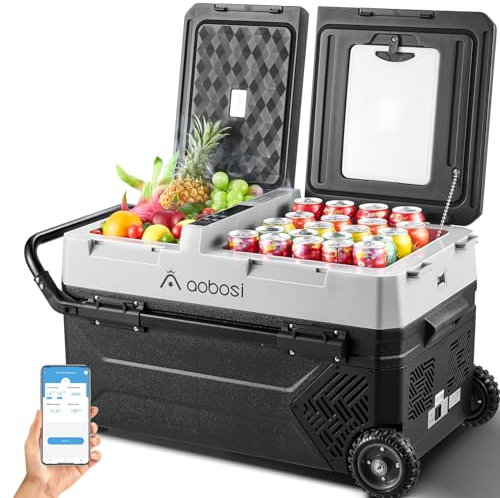 AAOBOSI Kompressor Kühlbox 42L, Kühlbox Auto Dual Zone, Kühlbox Elektrisch -20°C bis 20°C,12/24V DC und 100-240V AC Kühlbox für Auto, LKW, Boot, Reisemobil, Camping, Schwarz