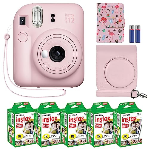 Fujifilm Instax Mini 12 Instant Camera + MiniMate Accessory Bundle & Compatible Custom Case + Fuji Instax Film Value Pack (50 Sheets) Flamingo Designer Photo Album (Blossom Pink)