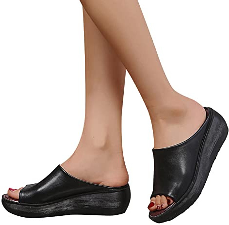 Sandalen Damen Flach Leder Pantoletten Sommer Plateau Peeptoe Keilabsatz Slides Orthopädische Sandalen Pantoletten Bohemian Clogs mit Fussbett Slipper Hausschuhe Damen Wedge Riemen Sommerschuhe