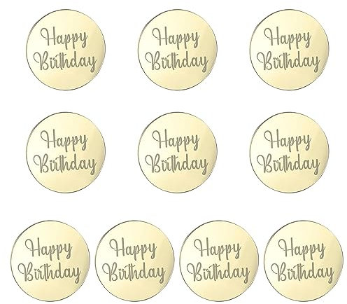 Cupcake Toppers 10 Pieces Acrylic Happy Birthday Cake Toppers, Round Cake Decorations for Birthday Party, Gold