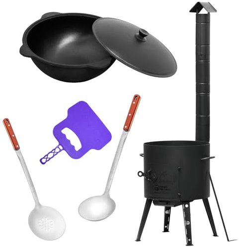 Ø36 Uchag 2mm stahl Utschak mit Abzugsrohr 8L Kazan Eben Grillfächer Schaumkelle Suppenkelle Utschak Utschag Kasan Feldküche Außenküche Eintopfofen Gulaschkanone