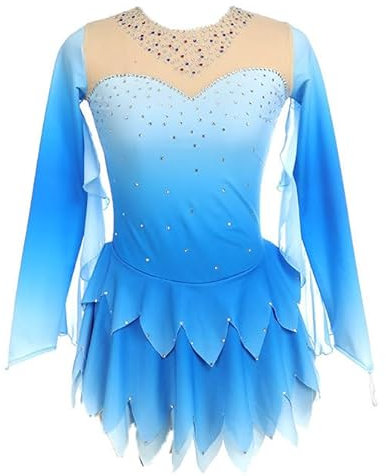 JRUIA Eiskunstlaufkleid Für Damen Elastische Spandex Eislauf Performance Kostüme Verlaufsfarbe Professionelle Mädchen Trikots Für Rhythmische Gymnastik Ballettbekleidung,Blau,11_13Years