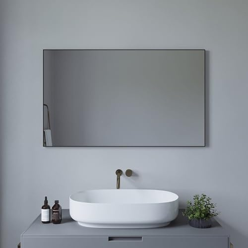 AQUALAVOS Badspiegel Wandspiegel Dekospiegel Spiegel schwarz Flur Bad groß 100x60 cm Vertikal und Horizontal möglich Aluminiumrahmen Rechteckig Wand montierbar