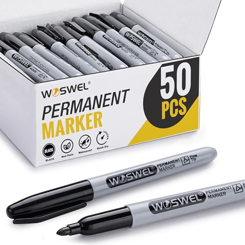 WOSWEL Permanent Markers Bulk, 50 Pack, Black Permanent Marker Pens, Fine Tip, Waterproof, Quick Drying, Smooth Writing, Used on Glass Metal Stone Paper Most Surfaces, Office School Supplies