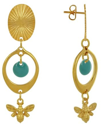LES POULETTES BIJOUX - Pendientes Clavos de Latón Dorado Círculo Bolita de Colores y Abeja - Verde