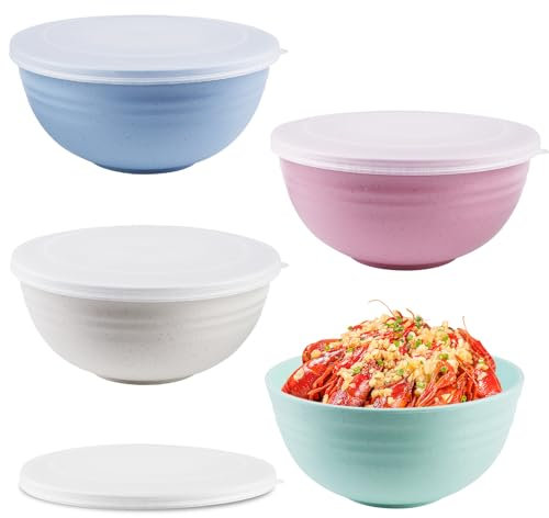 PRITOK Juegos de Cuencos: Pack de 4 Bol con Tapas, Cuenco Plastico Grande, Ensaladera, Sin BPA, Inastillable, 15,7x 7,3cm Tazones Desayuno Apto para Cereales, Ensaladas, Sopas, Cuatro Colores