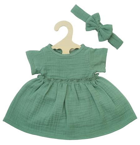 Heless 2424 - Puppenkleidung aus Musselin, 100 Prozent Bio-Baumwolle, 2-teiliges Set mit Kleid und Haarband in Salbeigrün für Puppen und Kuscheltiere der Größe 35-45 cm