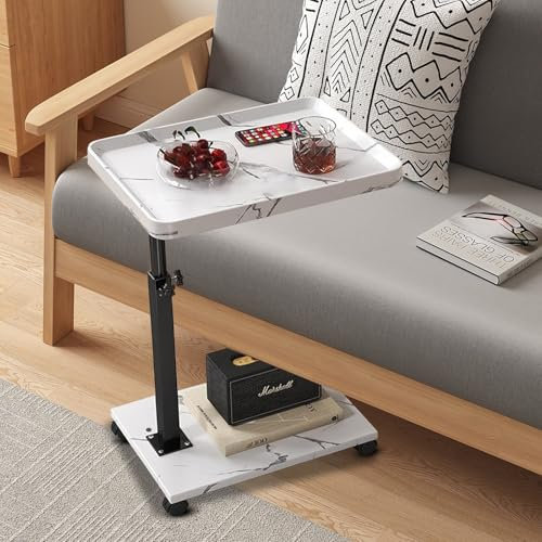 BeGyoku TV-Tablett, 360° drehbar, höhenverstellbar, TV-Tablett für Getränke und Snacks, Couchtische, die darunter geschoben werden können, C-förmiger Beistelltisch mit Rollen, kleiner C-förmiger