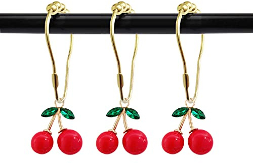Kotkiddy 12 Stück Kirschen Dusche Vorhang Haken Ringe, Obst Stil, rote Kirschen Pendel Dekoration für Edelstahl Haken Rostfrei Kinder Badezimmer (Rot-Kirsche)