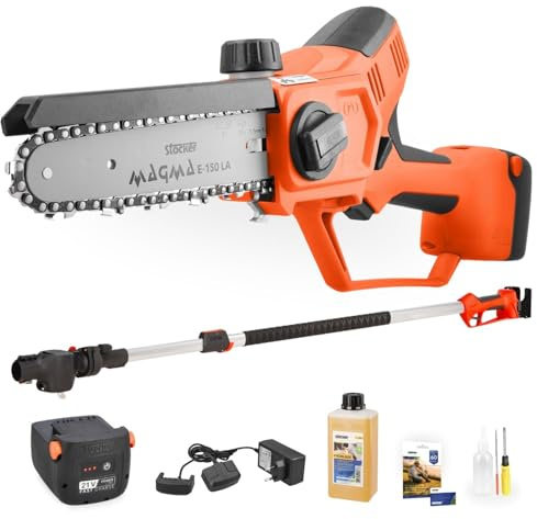 STOCKER - Kit Motosega Magma E-150 LA 21V con Manico Telescopico Orientabile, Batteria Fast Charge 2,6Ah e Olio Lubrificante – Potatura in Altezza fino a 3,5 m