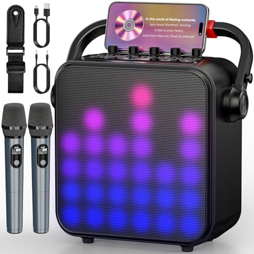 Karaoke con 2 Microfono, Casse Karaoke Professionale Completo,Portatile Bluetooth con modalità karaoke/MIC modalità priorità/TWS/REC/EQ/FM/regolazione dei toni alti e bassi/ECHO,Supporta USB/TF/AUX