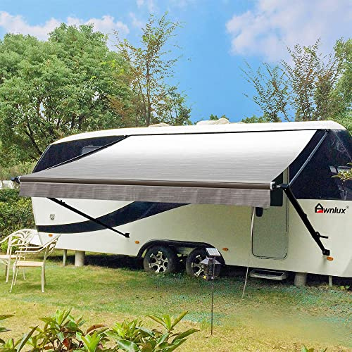 Awnlux Black Manual RV Awning Full Set Assemblies for RV, 5th Wheel, Travel Trailers, and Motorhome - RV Trailer Awning for Home or Camper-11x8Ft-Grey Fade
