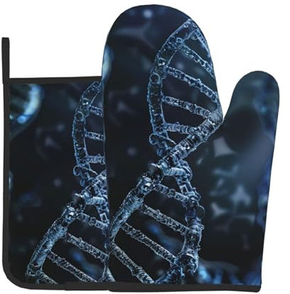 DNA-Kette, Foto-bedruckte Ofenhandschuhe und Topflappen, Set mit 2 hitzebeständigen Ofenhandschuhen und Topflappen, für Küche, Chef, Grillen, Kochen, Backen, Grillen