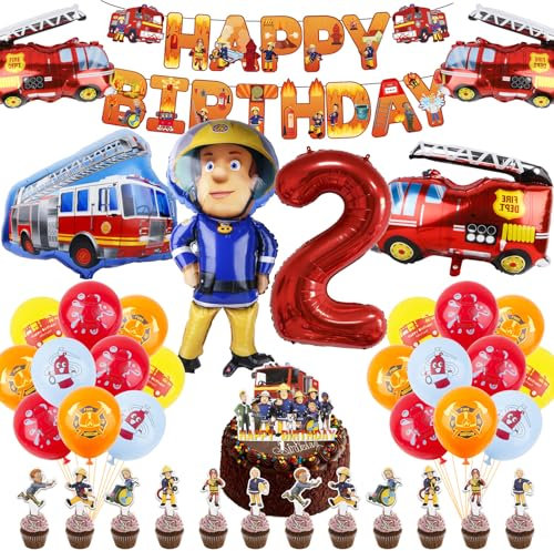 40 Stück Feuerwehrmann Geburtstag Deko, Feuerwehr Luftballon Geburtstagsdeko 2 3 4 jahre,Kindergeburtstag Deko mit Latexballons Cupcake Topper Kuchentopper Happy Birthday Banner Folienballons