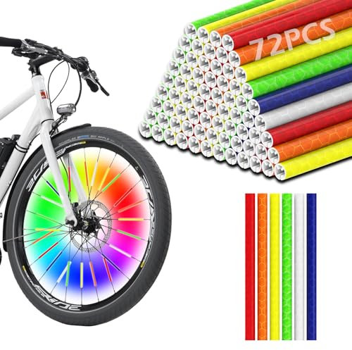 GeeRic Réflecteurs de Rayons, 72 Pièces Réflecteurs de Cyclisme Haute Visibilité, Bandes Réfléchissantes de Sécurité pour Vélos, Peaux de Rayons de Vélo pour la Conduite de Nuit 6 Couleurs