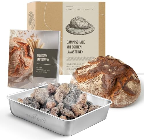 Natovi® - Premium Dampfschüssel mit natürlichen Lavasteinen incl. Rezeptbuch - Brotbackzubehör mit gebrannten Lavasteinen für intensiven Dampf - Lavasteine Backofen