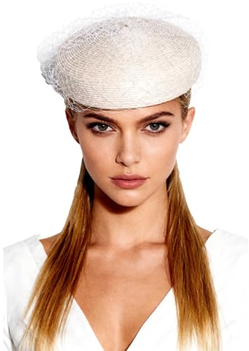HIMESPORT Eleganter Braut-Fascinator für Damen, Strohhut mit Schleier, Hochzeit, Kirchenhut und formeller Teeparty-Kopfschmuck