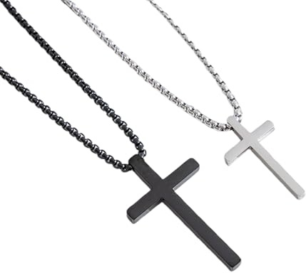 SSKHE 2 Croix Collier pour Hommes et Garçons,Chaîne de Croix Inoxydable pour Hommes,Chaîne de Cadeaux de Baptême, Cadeaux de Bijoux,60cm(Argent et Noir)