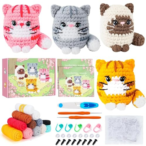Häkelset für Anfänger, Häkel-Starter-Set für Kinder und Erwachsene, kann 4 Katzen machen, Schritt-für-Schritt-Video-Tutorials, Strickzubehör, Geschenk-Box, Geburtstag (Katze)