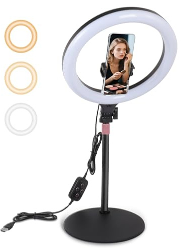 PopuLike 11 Ring Light, Dual Phone Stands, 3-Color Temperature & 10-Level Brightness Dimmable, 360° Rotation, Height Adjustable 58-74cm, USB Powered for Live Streaming, Makeup, Video Conferencing