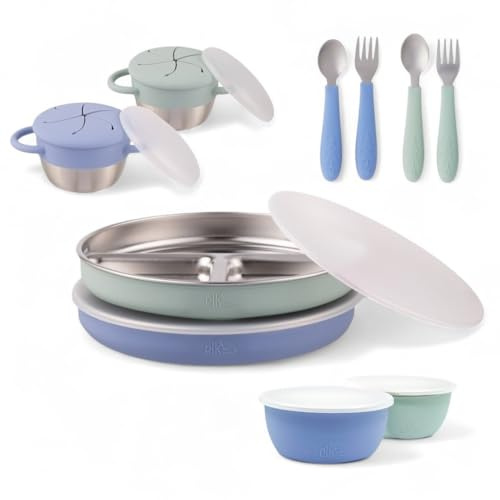 Elk and Friends Stainless Steel Mealtime Bundle with Sleeves | 10pc Set | Kids/Toddler Dinner Set | Silicone Sleeves | 7.8 Plates, Bowls, Snack Cups, Toddler Utensils | Travel Lids | Dishwasher Safe