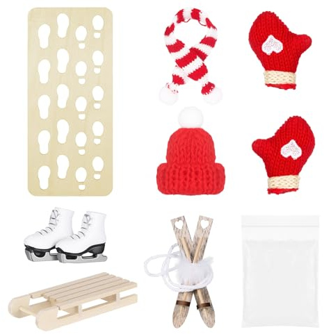 Huiguli Miniatur Wichtel Schlitten Set, 8 Stück Zubehör inkl Ski und Schnee Fußabdrücken,Holz Schlitten und Werkzeug, Mütze und Skier, Kinder Dekoration Geschenk