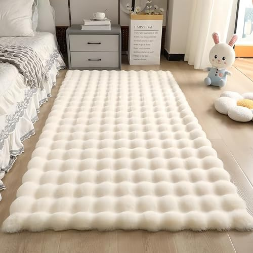Wuyue Hua Coussin de tapis en peluche lapin, style velours à bulles crémeux, convient pour le salon, la chambre, le lit, la baie vitrée et le canapé. (blanc laiteux, 60/90)