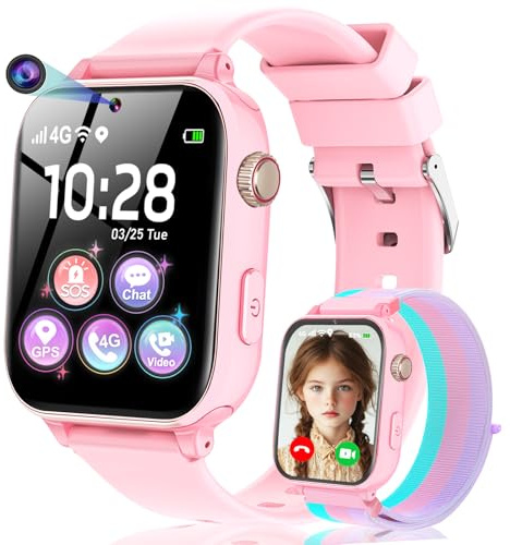4G Reloj Inteligente Niño, Smartwatch Niños con GPS y Teléfono, Videollamadas, Chat de Voz, SOS, Modo Escuela, Despertador, Juegos, Podómetro, Reloj Inteligente Niños Niñas 5 a 16 años Regalo, Rosa