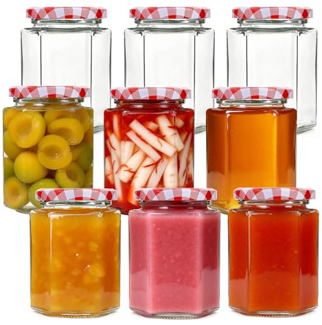 Bayseun Jam Jars with Lids Hexagonal, 9 pack 280ml Small Glass Jars with Red Gingham Screw Top Lids, Wide Mouth Airtight Jars with Lid for Jam, Chutney, Preserves, Marmalade and Pickle