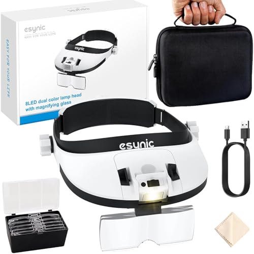 eSynic Head Magnifying Glass with 8 LED Light Headband Magnifier 1X-6X Rechargeable Headmount Magnifying Light with Storage Case| 5 Lenses| Adjutable Warm&Cold Head Lamp for Hobbies Reading Craft etc