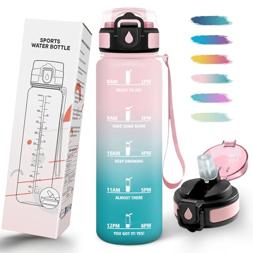 Mulbijeo Gourde 1L, Étanches & Portable, Bouteille d'eau, Sans BPA, Gourde Avec Paille, Échelle de Temps et Slogans de Motivation, Bouteille Sport pour Fête, Ecole, Cyclisme, Camping, Sport